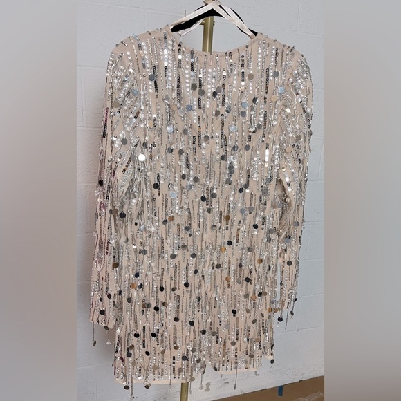 Mac Duggal 92850 Ling Sleeve Beaded Fringe Plunge Neck Dress - Picture 4 of 12